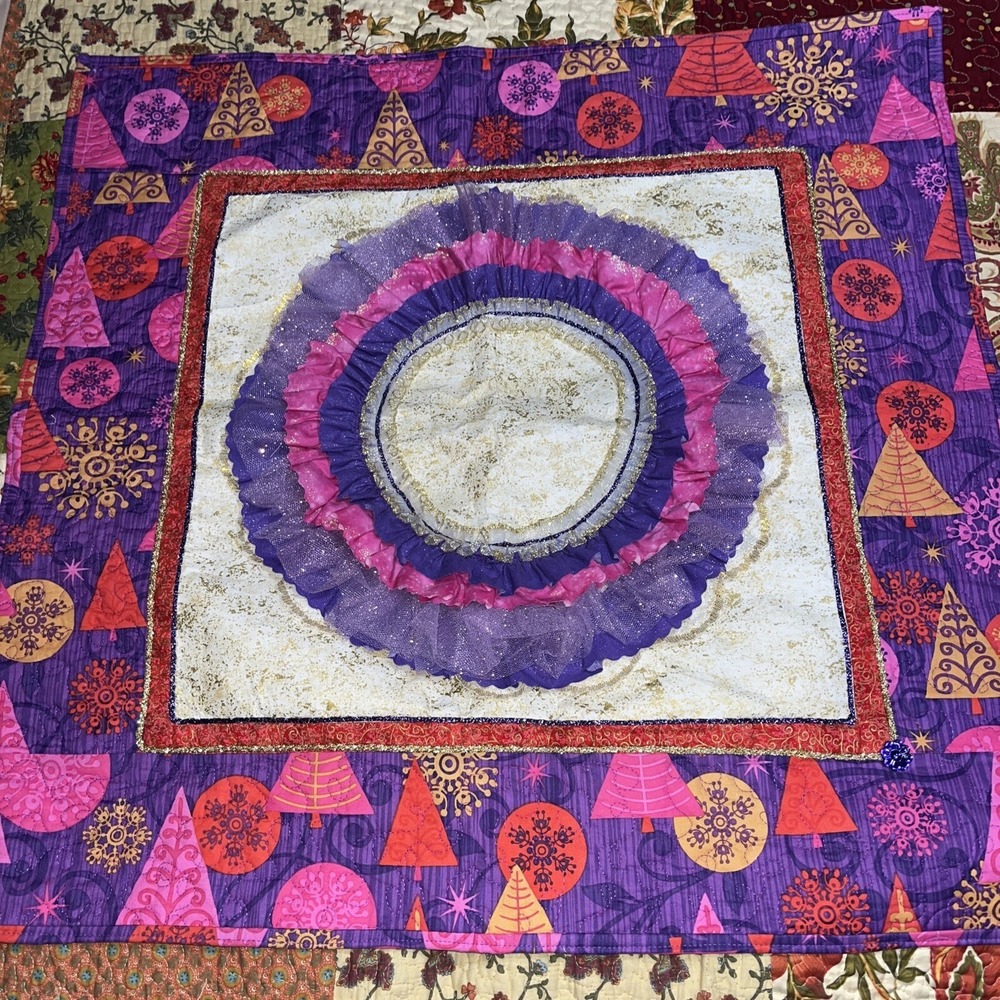 Christmas‎ Quilted wall hanging,  27 x 28, pinks , purples ,lace, tulle, trees